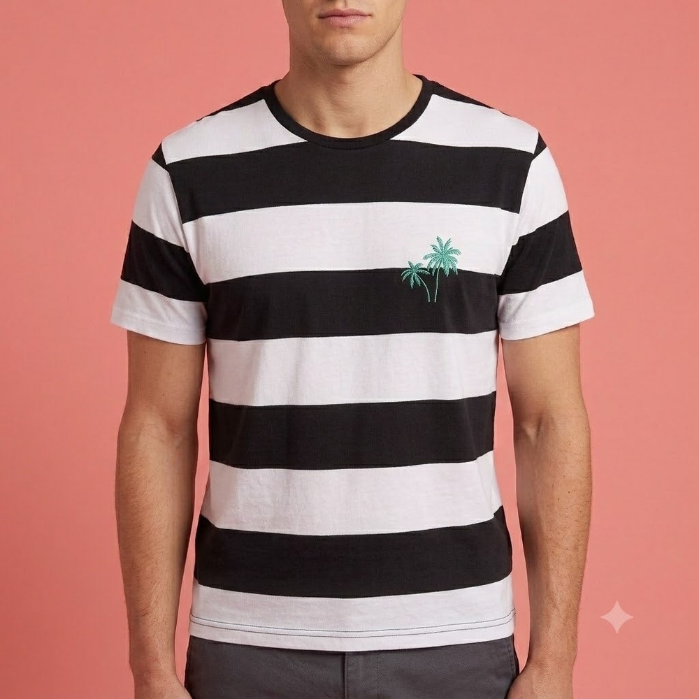 Denim‎ & Flower Striped T-Shirt Men's Small Black White Palm Tree Tee